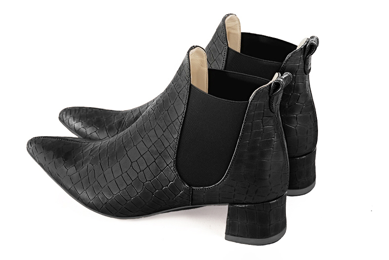 Satin black women's ankle boots, with elastics. Tapered toe. Low flare heels. Rear view - Florence KOOIJMAN